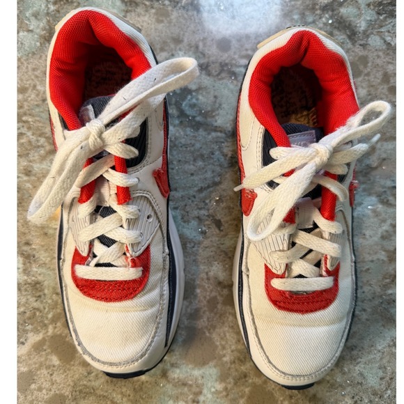 Nike Air Max 90 Kids Size 3Y White Navy Red Casual Sneakers DJ5178 Shoes Kicks - Picture 2 of 5